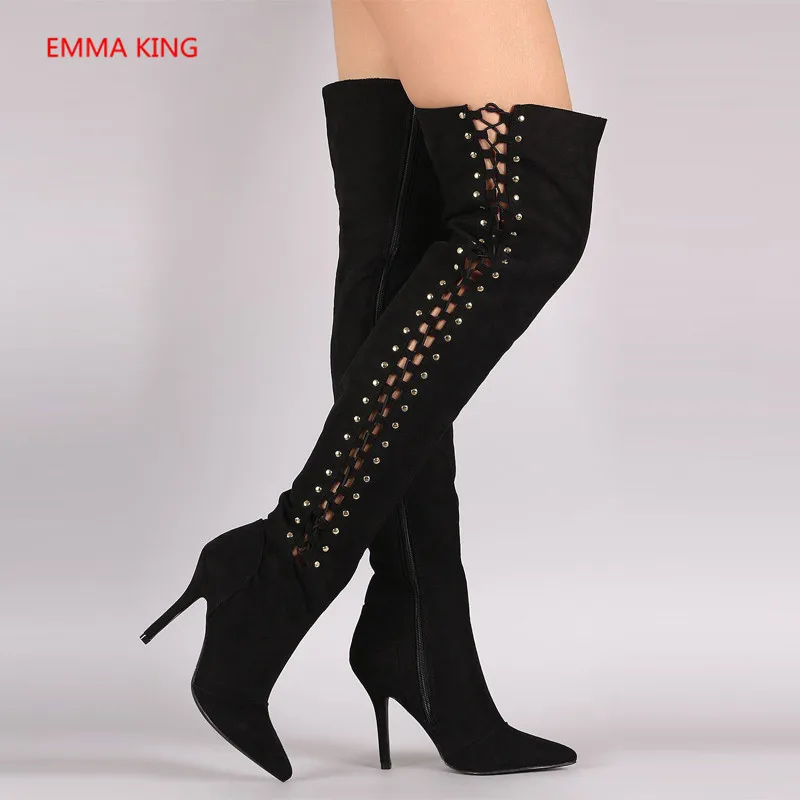 

Flock Women Over The Knee Boots Pointed Toe Side Cross-Tied 10cm Stiletto High Heels Shoes Woman Winter Fashion Thigh High Boots