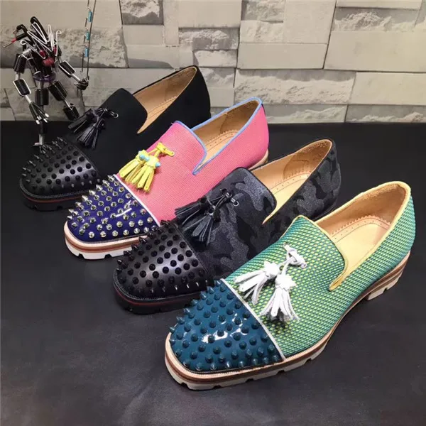 

Men Blue Patchwork Tassel Shoes Spikes Studded Lowtop Slip on Mixed Color Loafers Anti-skid Men Casual Shoes Size 38-47