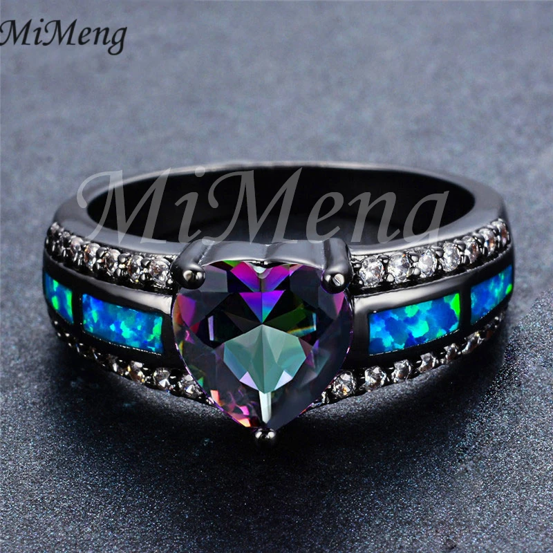 MiMeng Fire Opal Rainbow CZ Colorful Heart shaped Ring For Women Black Gold Color Statement for Girls Gift M30 | Украшения и
