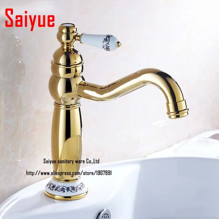Basin Sink Faucet Golden Single Lever Hot and Cold Mixer Tap with swivel spout ceramic handle for bathroom | Обустройство дома