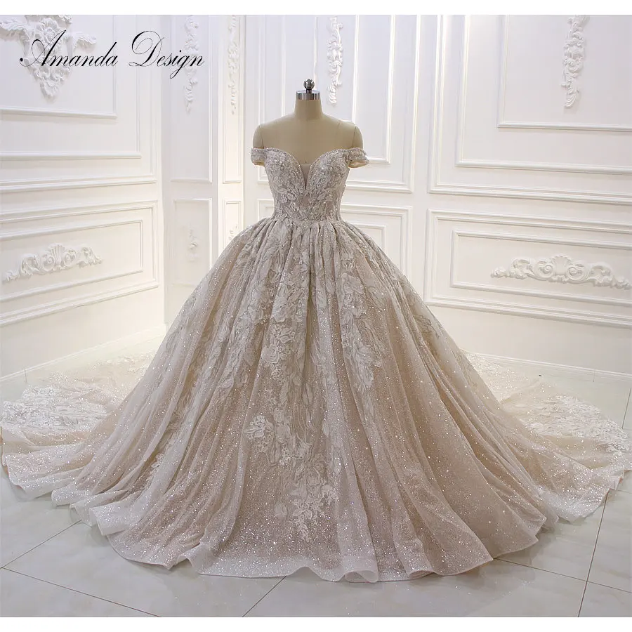 Свадебное платье с открытыми плечами Amanda Design блестящее кружевное аппликацией