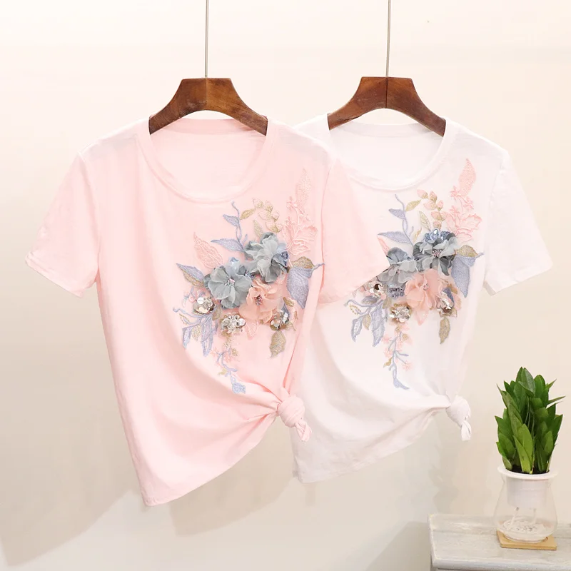 Casual T shirts cotton Women Summer top 2019 Embroidery Sequin Flower Short sleeve Tees Wild Fashion Ladies Tshirts Tops | Женская