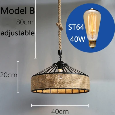 Model B with bulb Винтажная пеньковая веревка люстра Ретро E27 промышленная Ретро лампа база Лофт спальня с железным светильником столовая кафе бар люстра - Цвет корпуса: Model B with bulb
