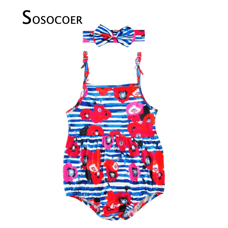 

SOSOCOER Baby Girl Romper Flower Suspender Newborn Jumpsuit+Bow Headband 2pcs Stripe Floral Infant Rompers Girls Clothes Outfits