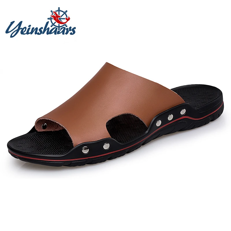Сандалии YEINSHAARS мужские из натуральной кожи однотонные шлепанцы летняя пляжная