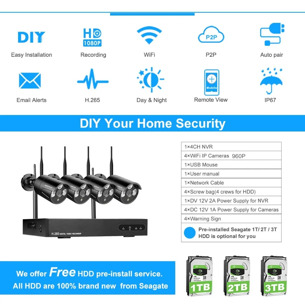Anpviz Беспроводной безопасности Камера Системы 4CH 1080 P WI FI NVR комплект