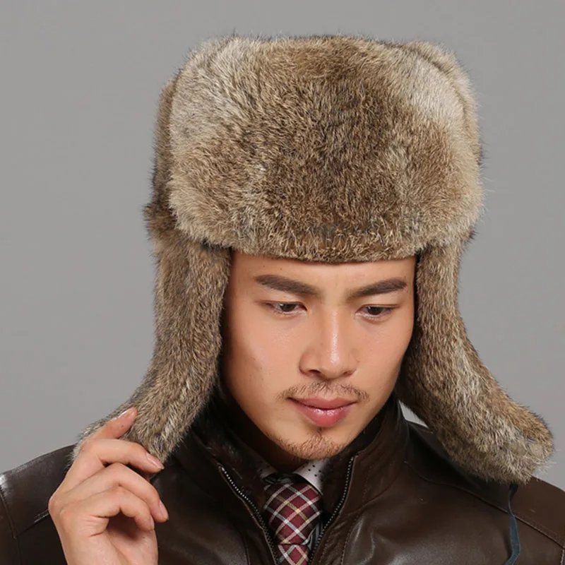 New Russian Trapper Hat For Men Genuine Fur Thicken Male Winter Real Rabbit Fur Hats Winter Outdoor Leather Bomber Hats Men