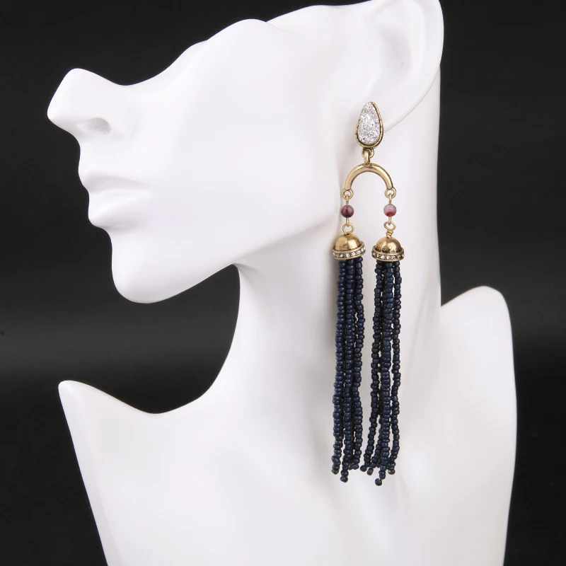 Этнические темно синие Бусины длинные сережки с кисточками для женщин 2019