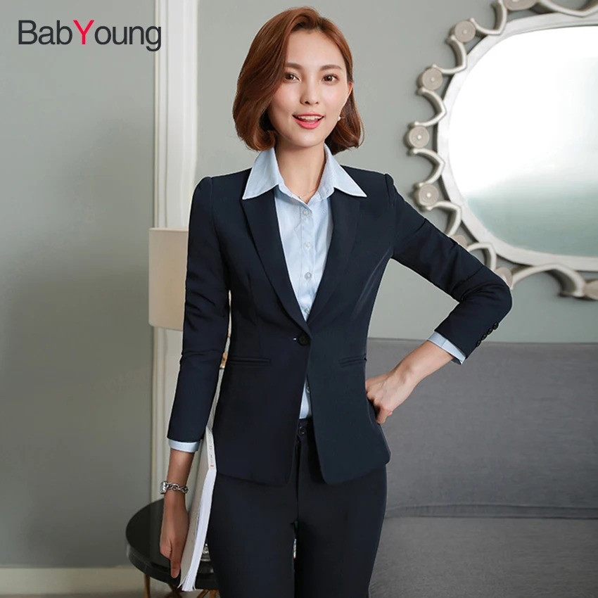 BabYoung офисный женский Блейзер костюм темно синий черный пиджак с брюками