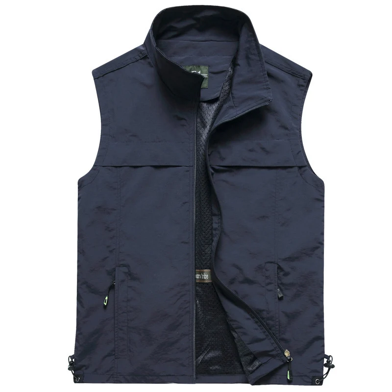 Navy Blue Vest Быстросохнущий жилет мужская летняя верхняя одежда тонкий сетчатый тактический жилет стоячий воротник жилет многокарманные мужские жилетки chaleco hombre M-5XL - Цвет: Navy Blue Vest