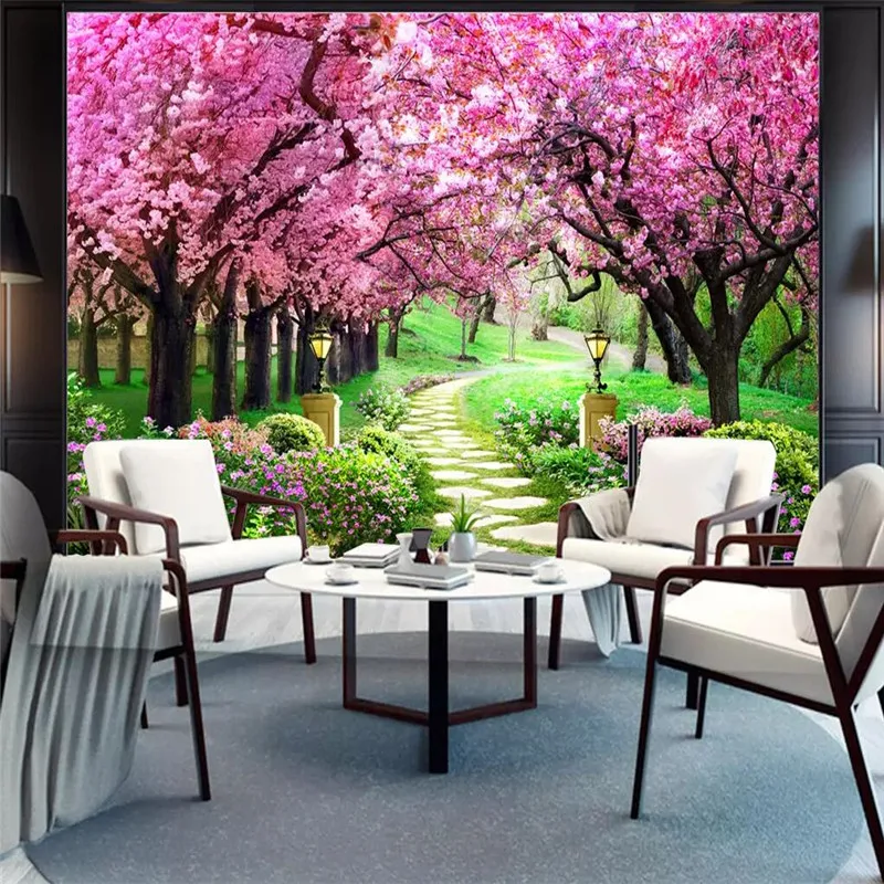 Sakura forest garden path landscape painting wall professional production mural wholesale wallpaper poster photo |