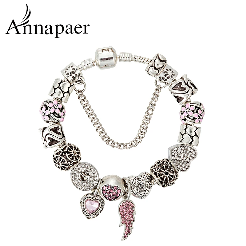 ANNAPAER 2019 European Pink Crystal Angel Wings Charm Bead Fit Original Bracelets for Women Bracelet Jewelry Dropshipping B17044|charm