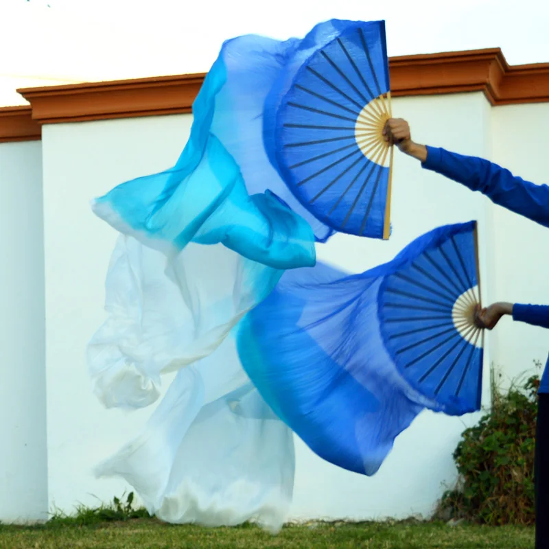 

2016 High selling 100% Real Silk Veils 1 Pair handmade women Quality Silk Belly Dance Fan Dance blue turquoise white 180*90 cm