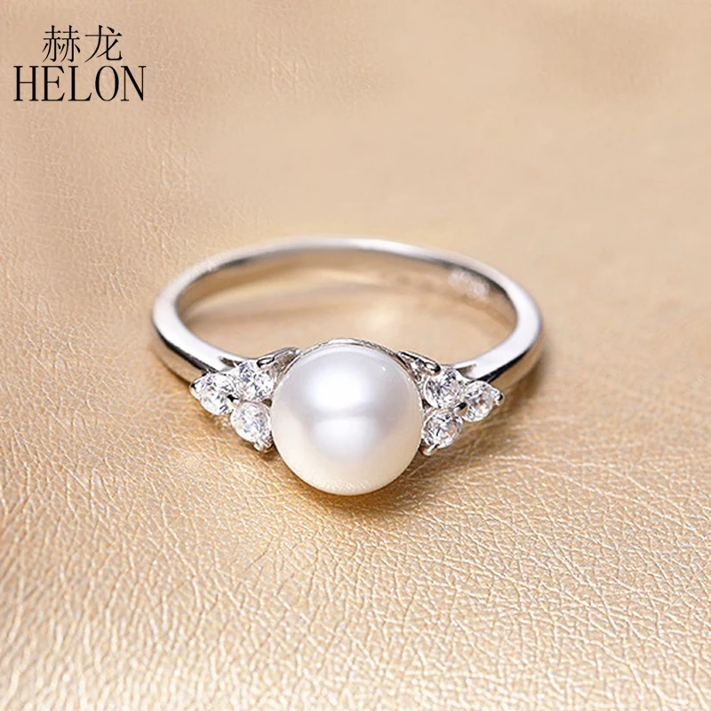 

HELON Solid 14K (AU585) White Gold Certified Round Genuine White FreshWater Pearl Diamonds Engagement Ring Women Classic Jewelry