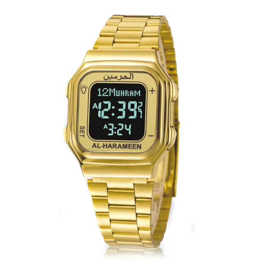 Gold Black Запрограммированные для молитвы часы с Azan Time для мусульманский для молитв наручные часы с Alfajr Time и Qiblah Направление - Цвет: Gold Black