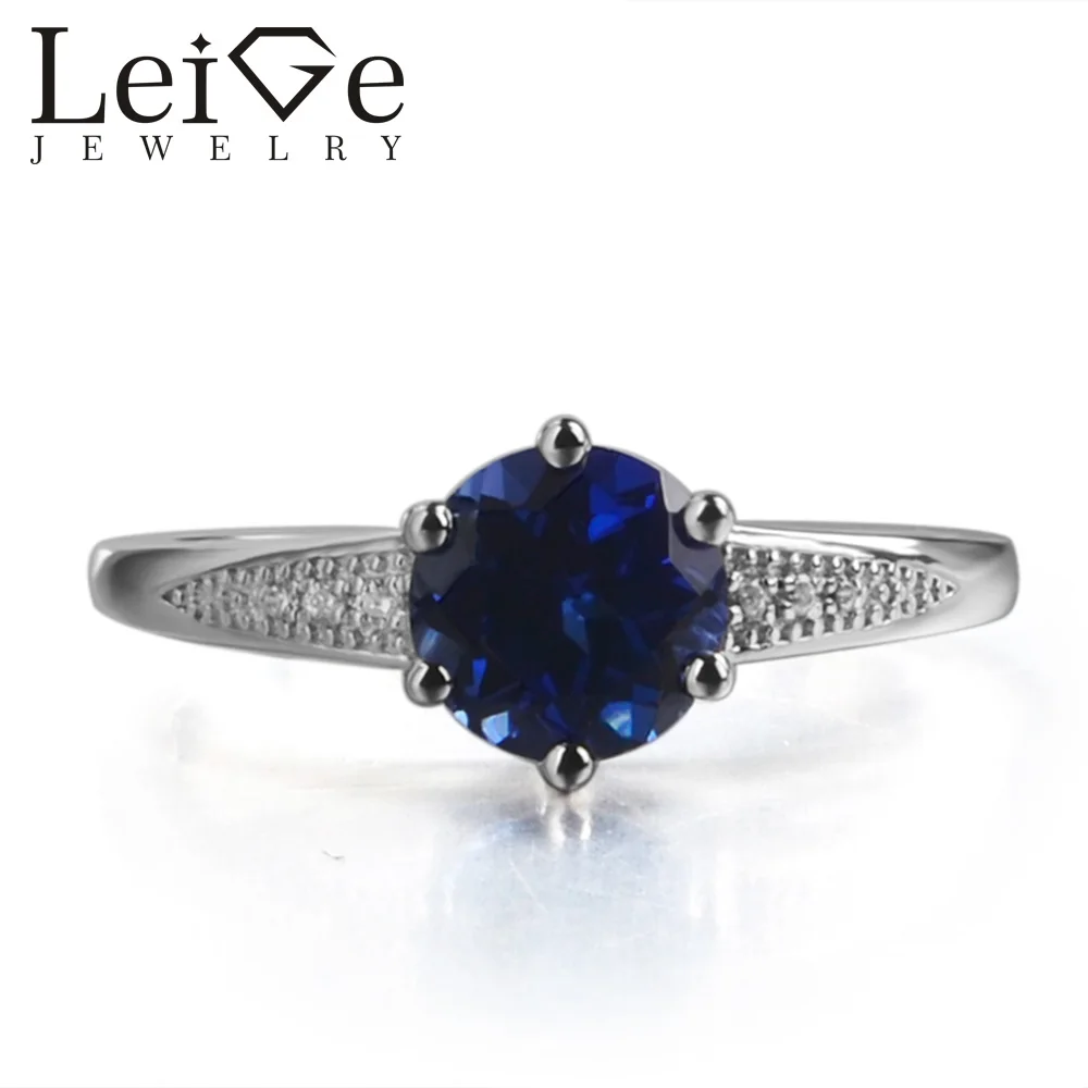 

Leige Jewelry Lab Sapphire Blue Color Gemstone Round Cut Prong Setting Ring For Woman September Birthstone Sterling silver 925