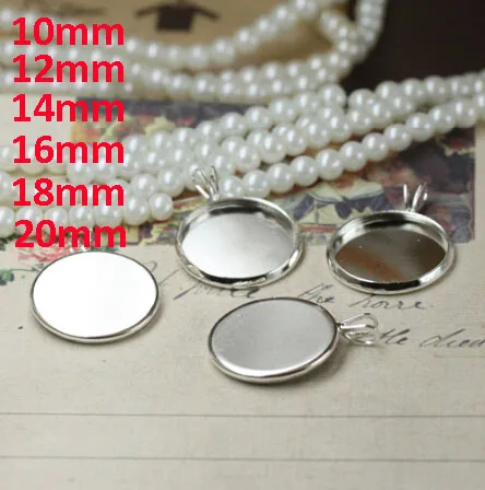 

100pcs/lot 10mm,12mm,14mm,16mm,18mm,20mm Silver Blank Pendant with Hanger Trays Bases Cameo Cabochon Setting for Glass/Stickers