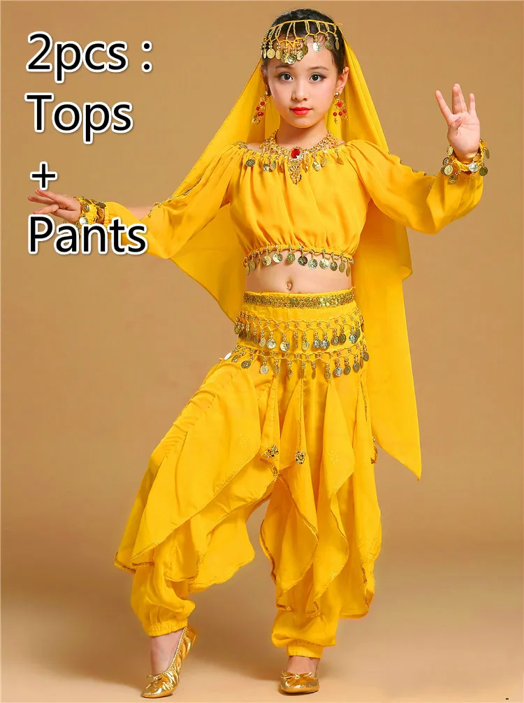 2pcs yellow Новая детская одежда для индийских танцев платье для выступлений танец живота Национальный Болливуд танцевальные костюмы для девочек Одежда для танца живота комплект одежды - Цвет: 2pcs yellow