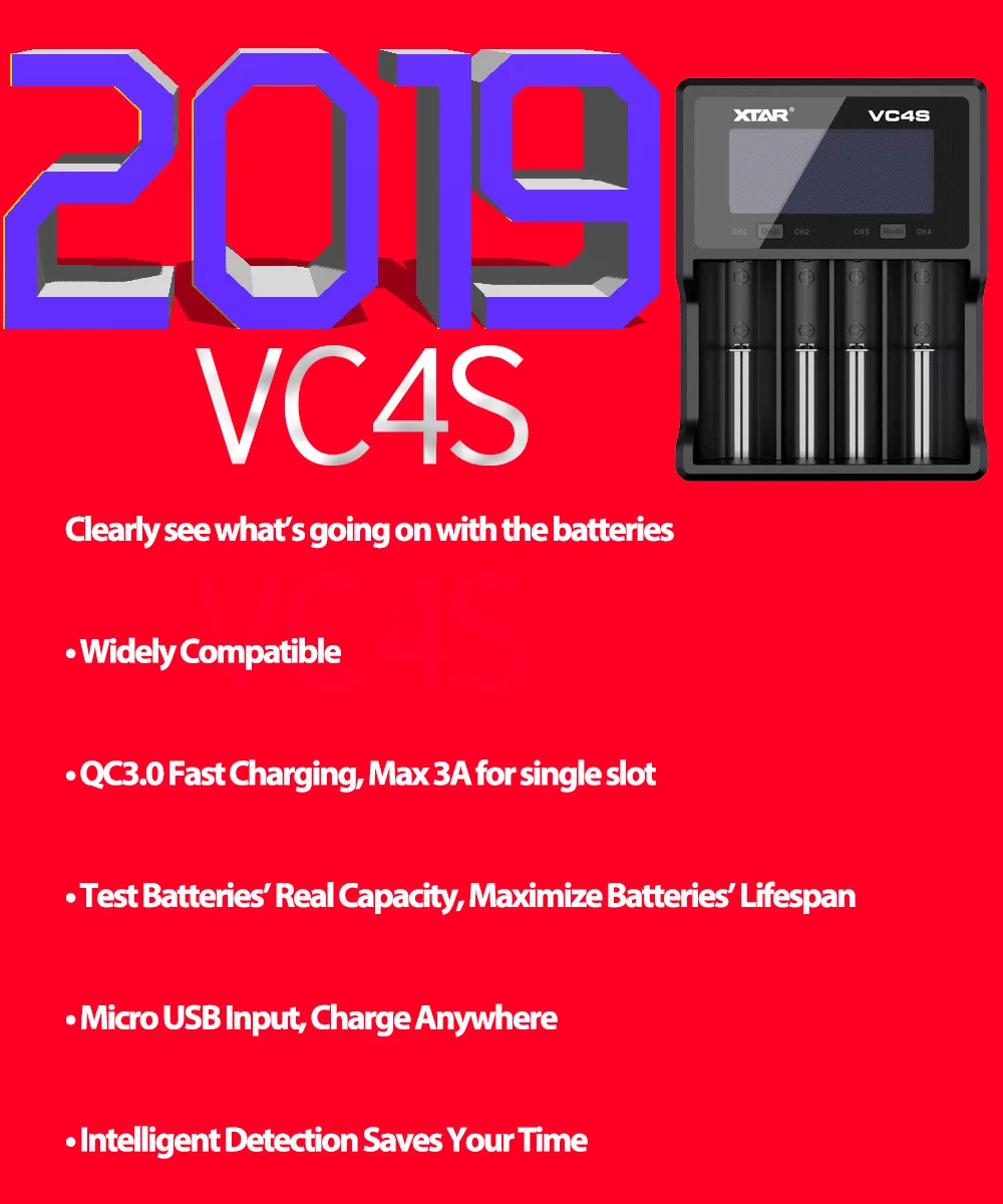 XTAR VC4S QC3.0 быстрой зарядки, Макс 3A для одинарный слот относится к 3,6/3,7 v Li-Ion IMR/INR/ICR/Батарея 18650 10440 14500 20700 21700