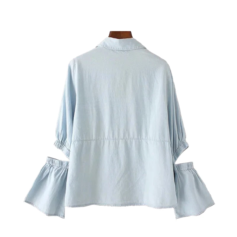 NYMPH European Style 2017 New Hollow Out Design Flare Sleeve Spring Summer Women Casual Shirt Lapel Denim Blouse Female Tops |