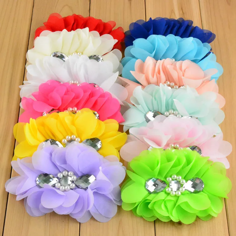 

36pc/lot 5" Chiffon Hair Flower With Pearl/Rhinestine Center Artificial Fabric Flowers For Girls Headband Hair Accessories