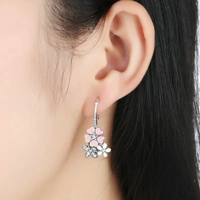 Серьги на крючках с розовым цветком "Поэтическая маргаритка" и вишневым цветком из настоящего серебра 925 пробы, женские украшения.