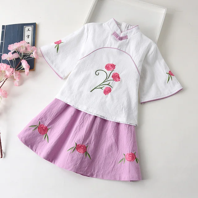 Style 12 Комплект из двух предметов для девочек из хлопка и льна с цветочной вышивкой; Традиционное китайское платье в стиле ретро; Летние повседневные платья; детское платье для выступлений - Цвет: Style 12