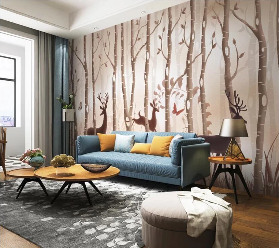 Decorative wallpaper Hand painted forest elk modern minimalist TV background wall painting | Строительство и ремонт