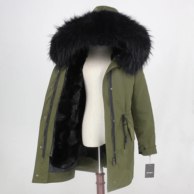 green black OFTBUY, пальто из натурального меха норки, водонепроницаемая длинная парка, зимняя куртка для женщин, натуральный мех енота, капюшон, съемная верхняя одежда, Толстая теплая - Цвет: green black