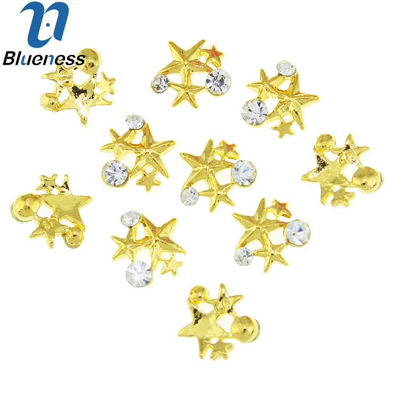 10 Pcs/Lot DIY 3 Stars Design 3D Fashion Gold Alloy Nail Art Charms Rhinestones Decorations For Nails Beauty Studs TN1647 | Красота и