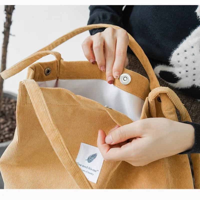 

New Original Korean Version Corduroy Female Canvas Shoulder Bag Fresh College Large Capacity Bucket Hasp Casual Shopping Handbag