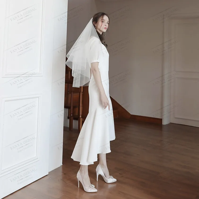 Свадебные платья до середины икры с коротким рукавом 2019 простые трапециевидные