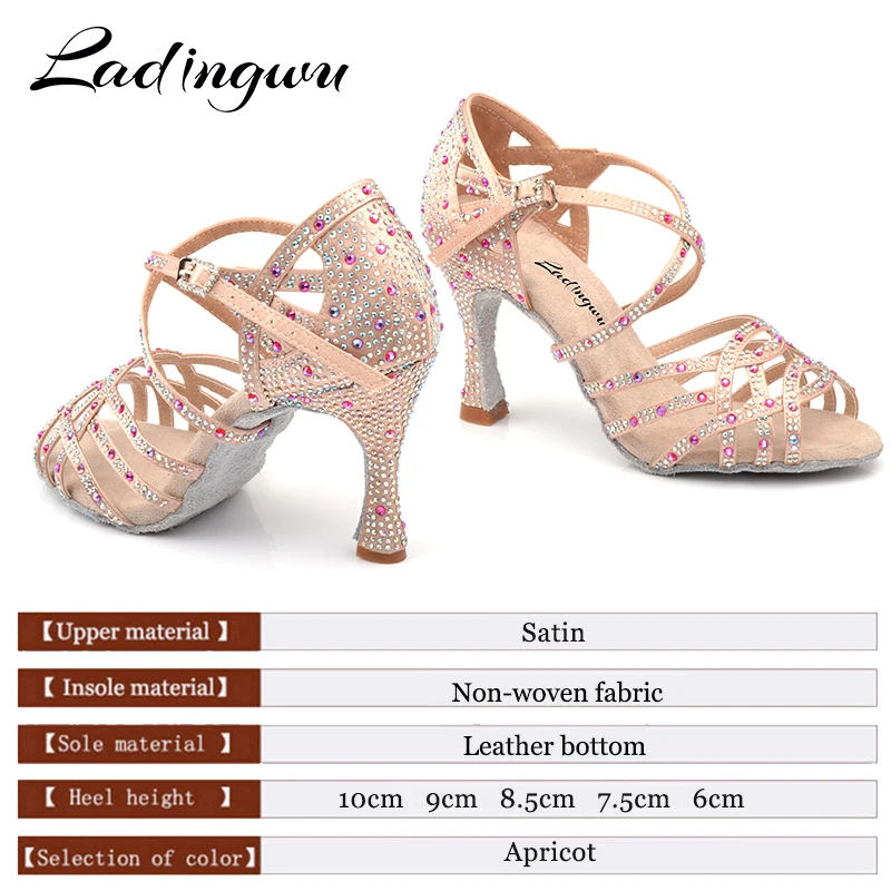 Ladingwu Dance Shoes Latin Women Big Small Red pomegranate Rhinestone Salsa Tango Dancing Wedding Cuba Heel 6-9cm | Спорт и