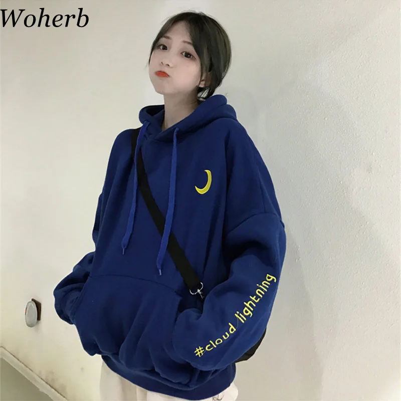Woherb весенние Свободные толстовки женские с вышитыми буквами Harajuku Толстовка Женская Корейская с капюшоном Топ рубашка для друзей 20856