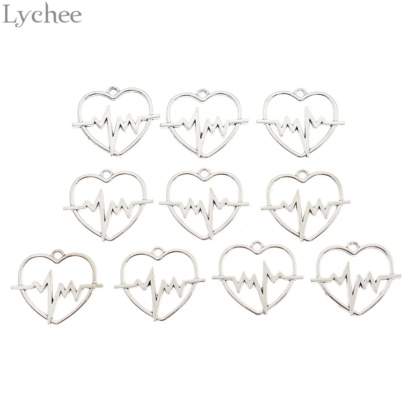 Lychee 10 шт. модный сплав ЭКГ кулон сердечко серебряного цвета Подвески DIY Подвеска