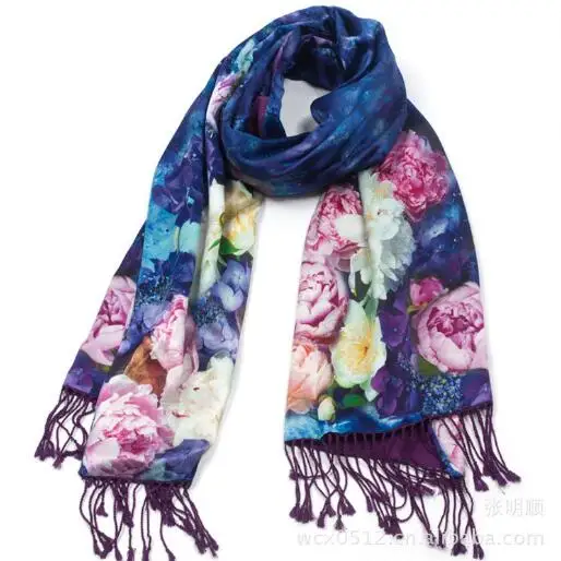 

Real silk women winter floral tassel scarf flower print pashmina