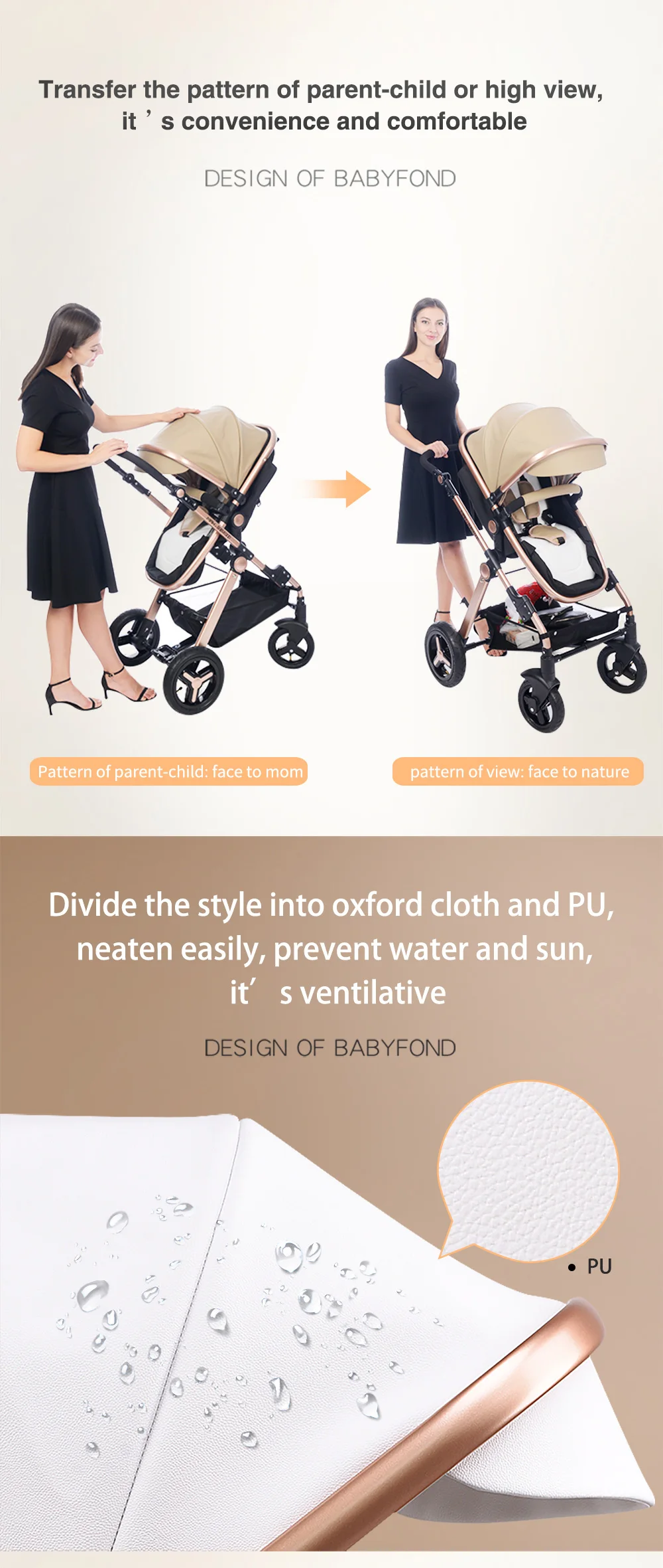 Pu leather aluminum alloy frame babe Babyfond high landscape fold baby stroller 3 in 1 four wheel cart EU standard baby stroller