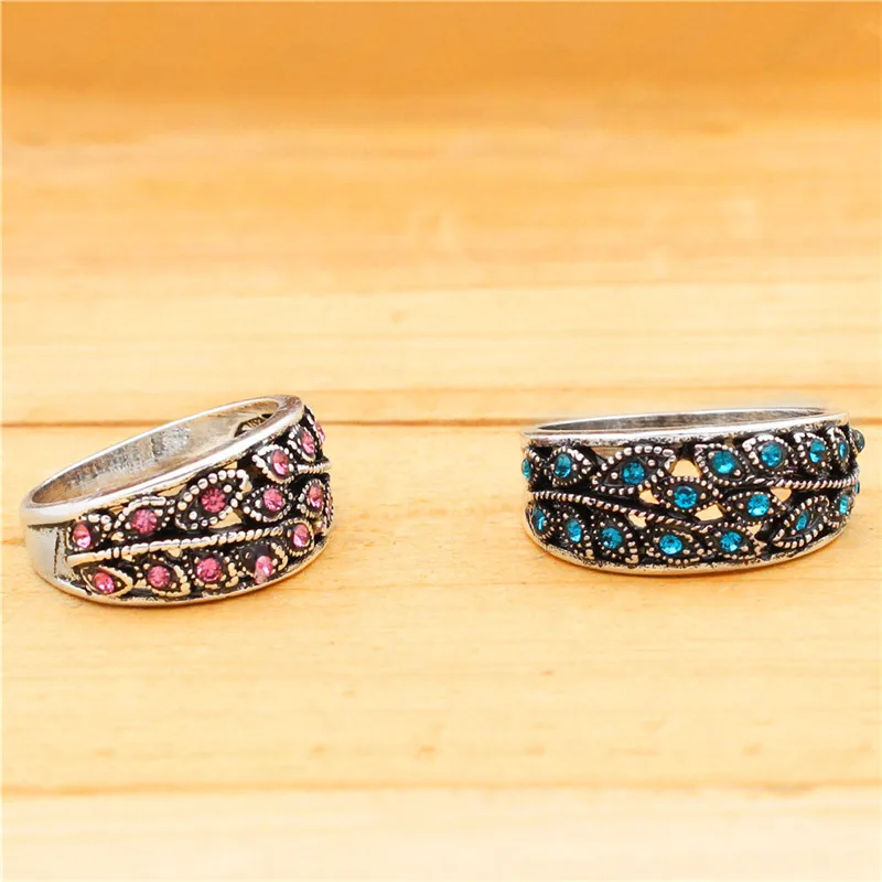 Листьев растений Кристалл Кольца для Для женщин Винтаж старинное серебро