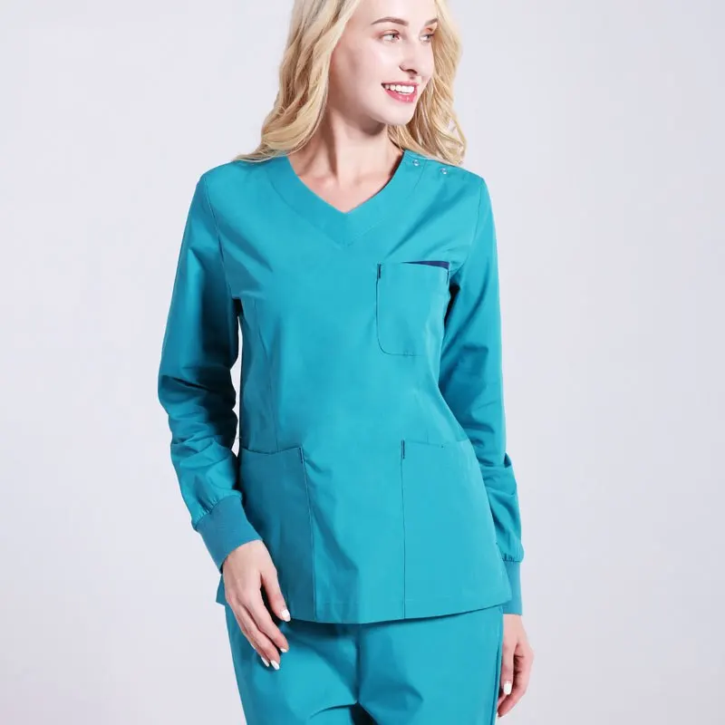 Scrub Set Cyan 4 цвета, женская и Мужская медицинская одежда с длинным рукавом, костюм медсестры для кормления, Униформа, рабочая одежда, костюм для стоматолога, рабочая одежда - Цвет: Scrub Set Cyan
