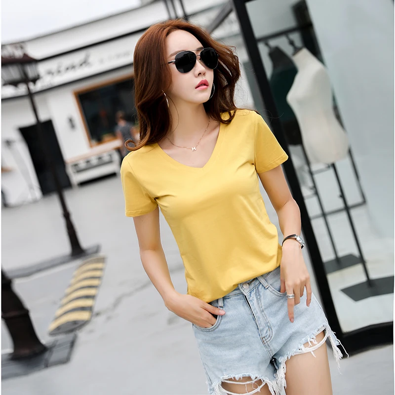 New 2018 Women Summer Fashion T shirt Casual Top Short sleeve V-neck Tshirt Female T-Shirt Women's 100% Cotton Tee Shirt Femme | Женская