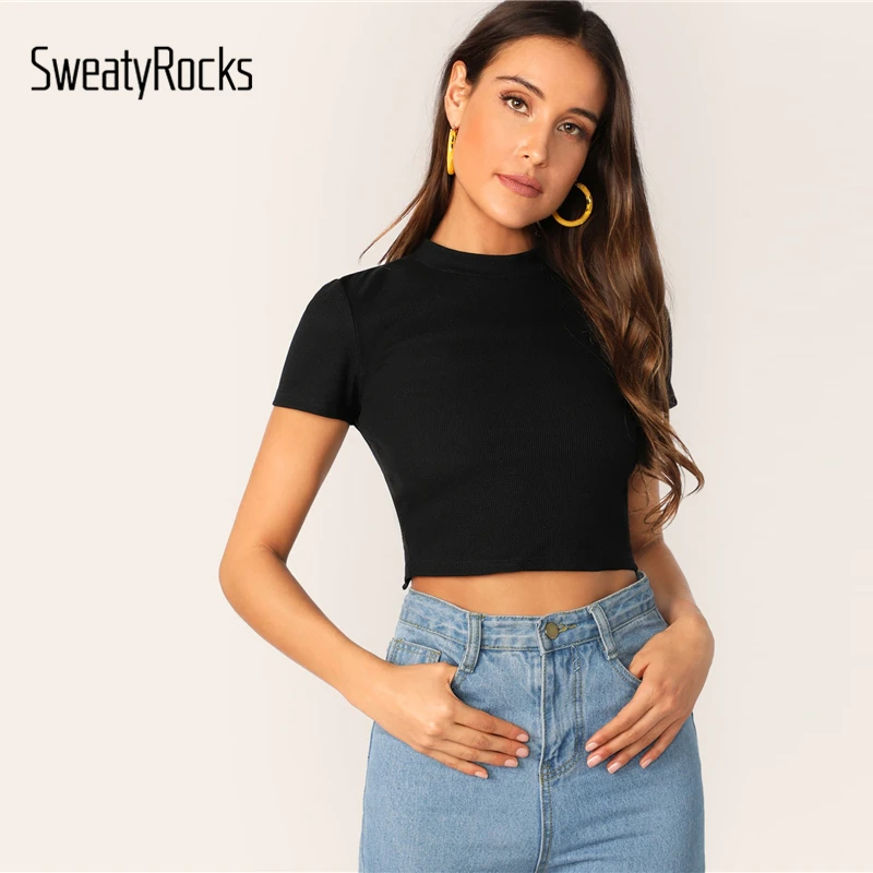 SweatyRocks черный крест-накрест с открытой спиной укороченная футболка со стоячим воротником сексуальный облегающий Топ летняя повседневная женская уличная однотонная тонкая футболка