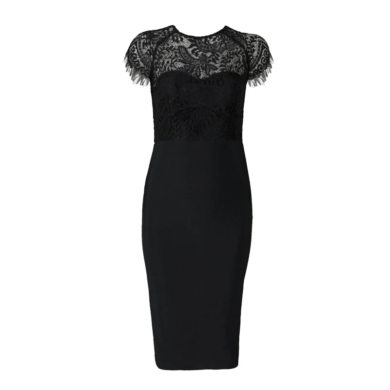 Без рукавов черно-белое кружевное платье до колена с круглым вырезом облегающее