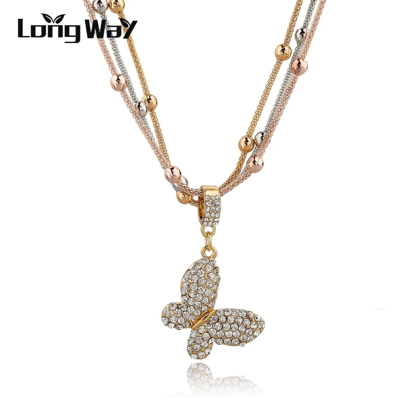 Женское ожерелье с подвеской-бабочкой LongWay золотистого цвета стразы длинное