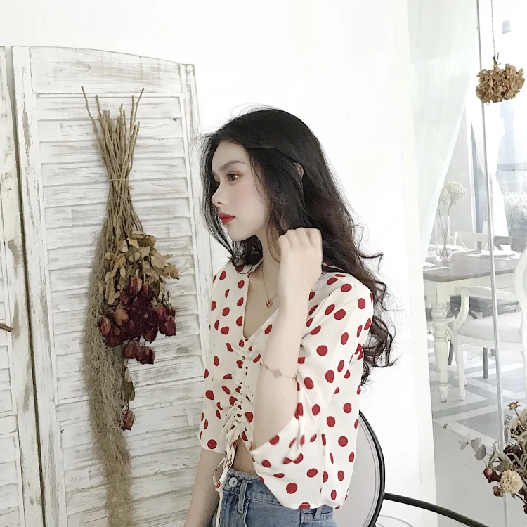Милые blusas модные брендовые женские летние блузы в горошек рубашки уличном стиле