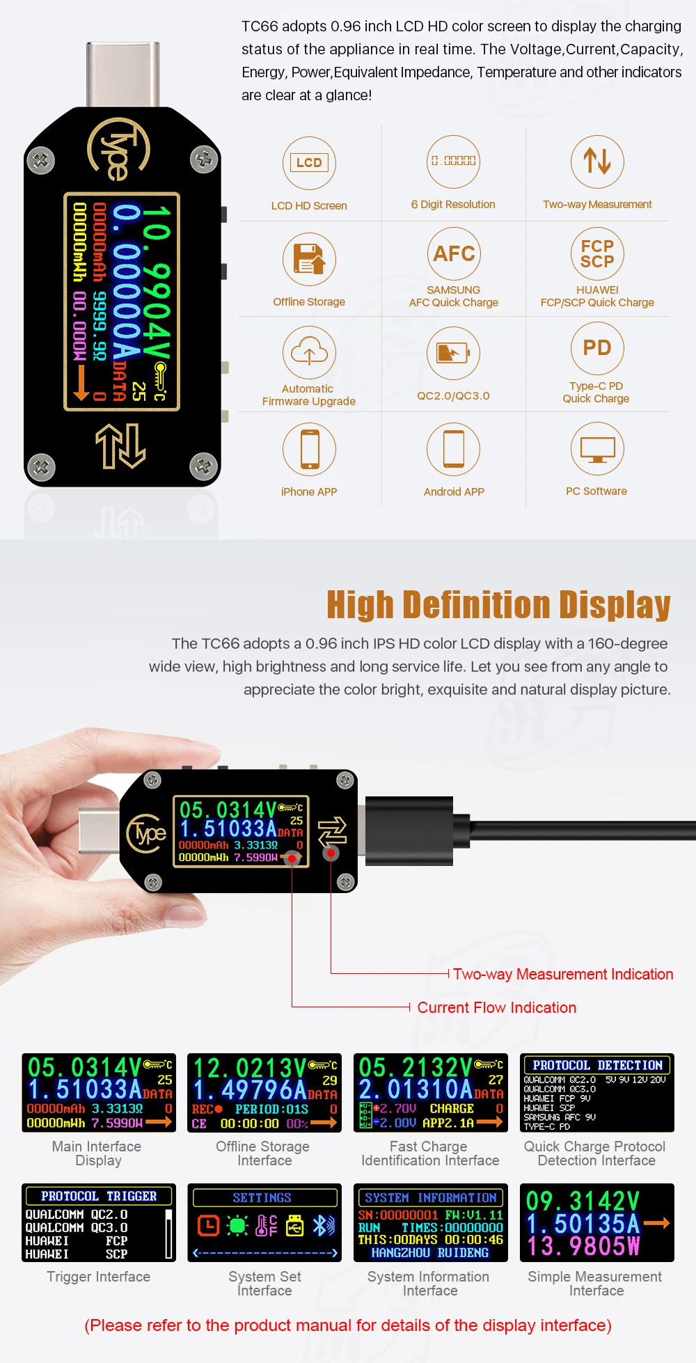 RD TC66/TC66C тип-c PD триггер USB-C Вольтметр Амперметр Напряжение 2 способ измеритель тока мультиметр PD зарядное устройство батарея USB Тестер