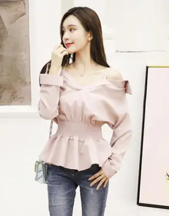 long sleeve Pink Сексуальные топы, хит, женский дизайн, Осенний топ на тонких бретелях с открытыми плечами, Топ с длинным рукавом, топ с баской, черная, белая, милая рубашка, блузки, 7127 - Цвет: long sleeve Pink