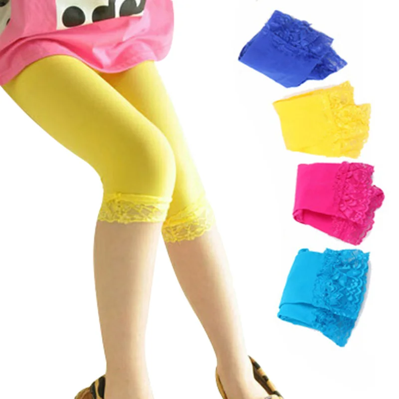 

Girls Summer Pants Children Kids Girl Elastic Pure Color Short Trousers Lace 3-10 Years girls summer legging pants