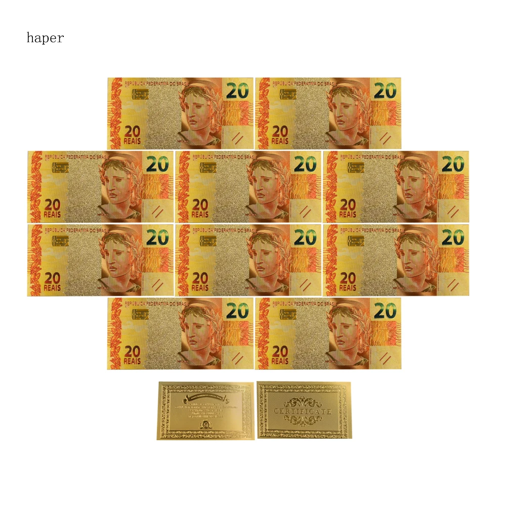 

New Style Brazil 10pcs/lot 999 Pure Gold Banknote 24k Gold Plated 20 Reails Commemorative 24k Gold Foil Banknote Drop Shipping