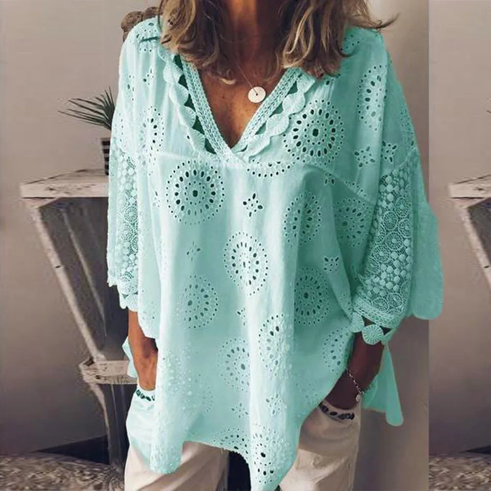 5XL размера плюс Топы кружевные лоскутные Женские топы и блузки с длинным рукавом рубашки с v-образным вырезом летняя блузка с геометрическим рисунком - Цвет: Зеленый