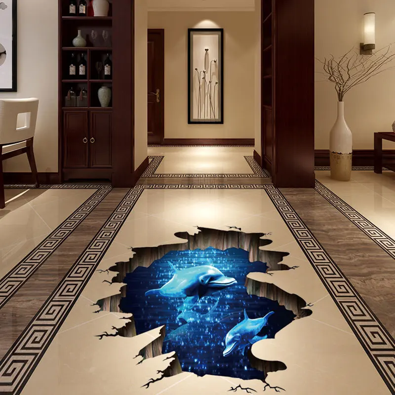 3d Deep Sea Dolphin Fish Floor Stickers For Bedroom Living Room Home Decoration Diy Creative Wall Mural Art Pvc Decals |